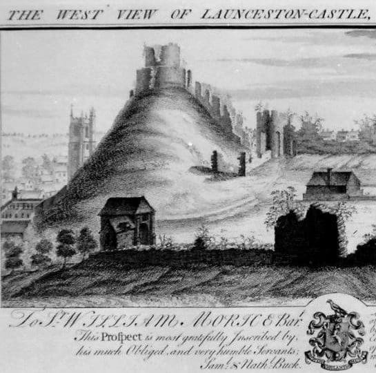 Black and white illustration of Launceston Castle.