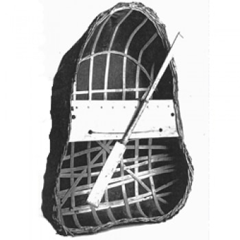 A black and white cut-out photo of a coracle against a white background. The paddle rests across the seat.