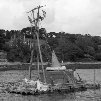 A black and white photo of the L’Egaré II in the Carrick Roads.