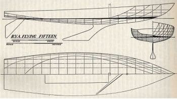 A scan of three diagrams of the 'Flying Fifteen'.