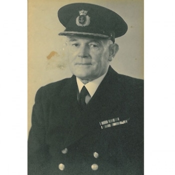A black and white portrait photo of Samuel Riley Valler in his Royal Navy uniform.