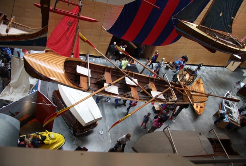 Photo taken from above of the 'Neville Glidden', hanging from the ceiling of the Museum's Main Hall.