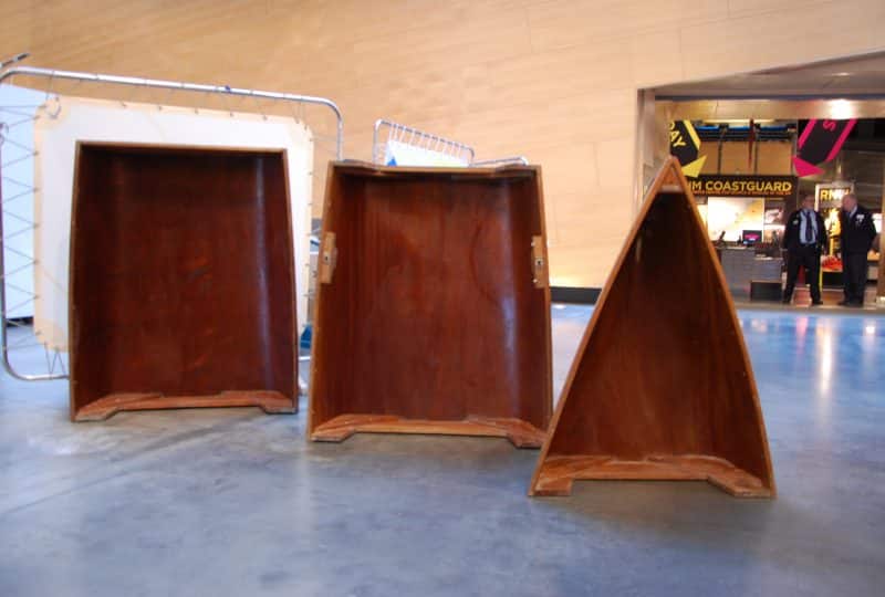 Photo of the three sections of a Packboat, displayed in the Museum's Main Hall.