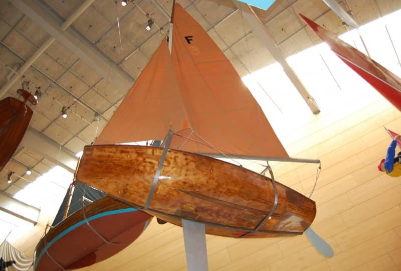 Photo taken from below of the 'Fe', suspended from the ceiling of the Museum's Main Hall.
