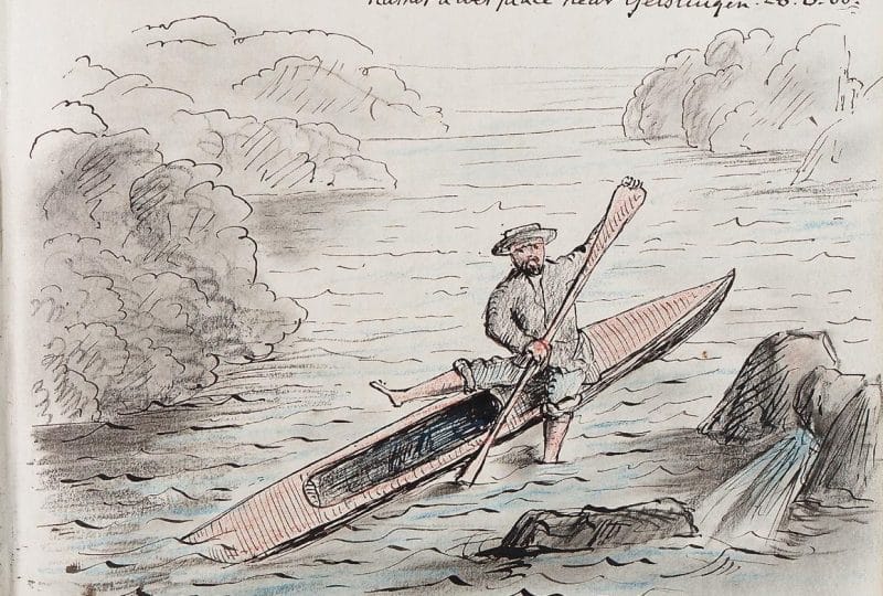 Drawing of a man getting out of/falling out of a canoe.
