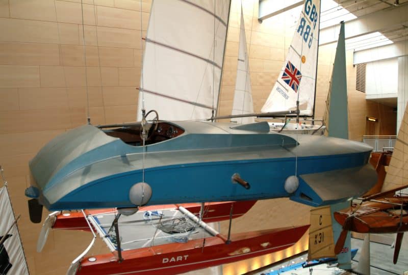 Photo of the Ventor Blue Ace hydroplane suspended from the ceiling of the Museum's Main Hall.