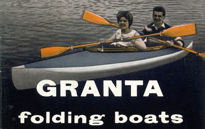 Cover of a brochure, featuring an illustration of two people in a Granta folding boat and the text 'GRANTA folding boats'.