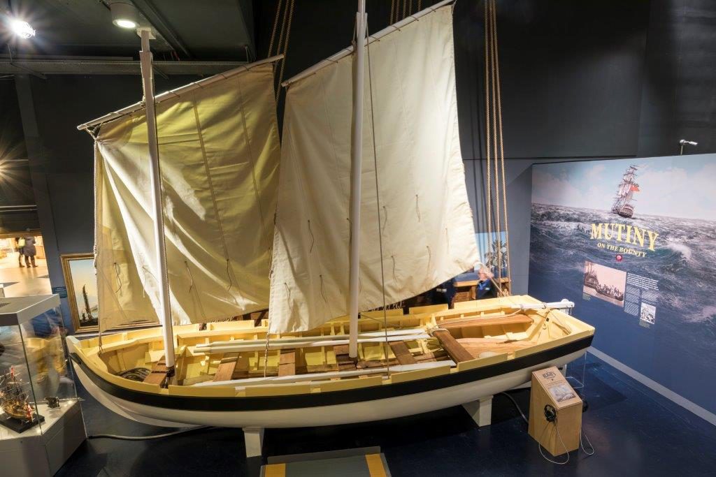 The exhibition features faithful reproduction of the Bounty launch. Photo: Paul Abbitt.