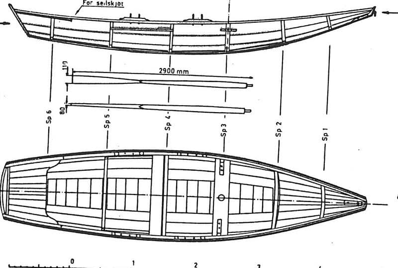 Two diagrams of the Holmsbu Pram, one looking at the side of the vessel and one from overhead.