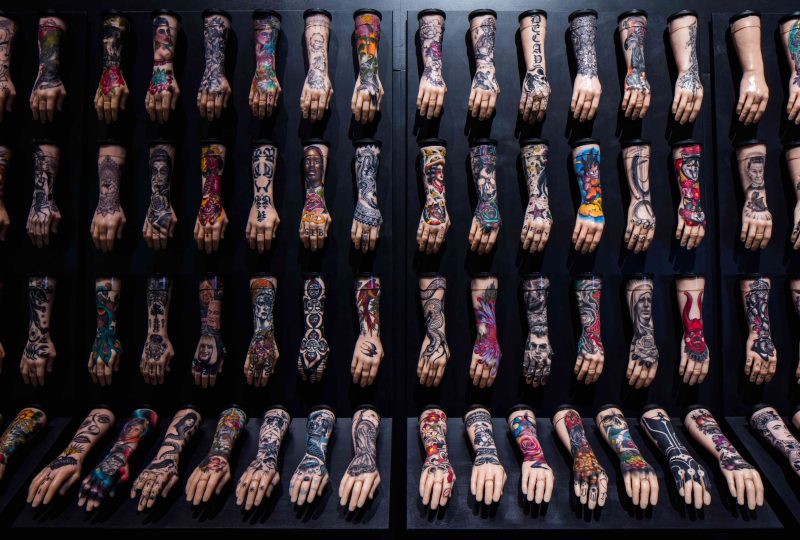 A photo of the '100 Hands' installation featured as part of the Museum's 'Tattoo: British Tattoo Art Revealed' exhibition.