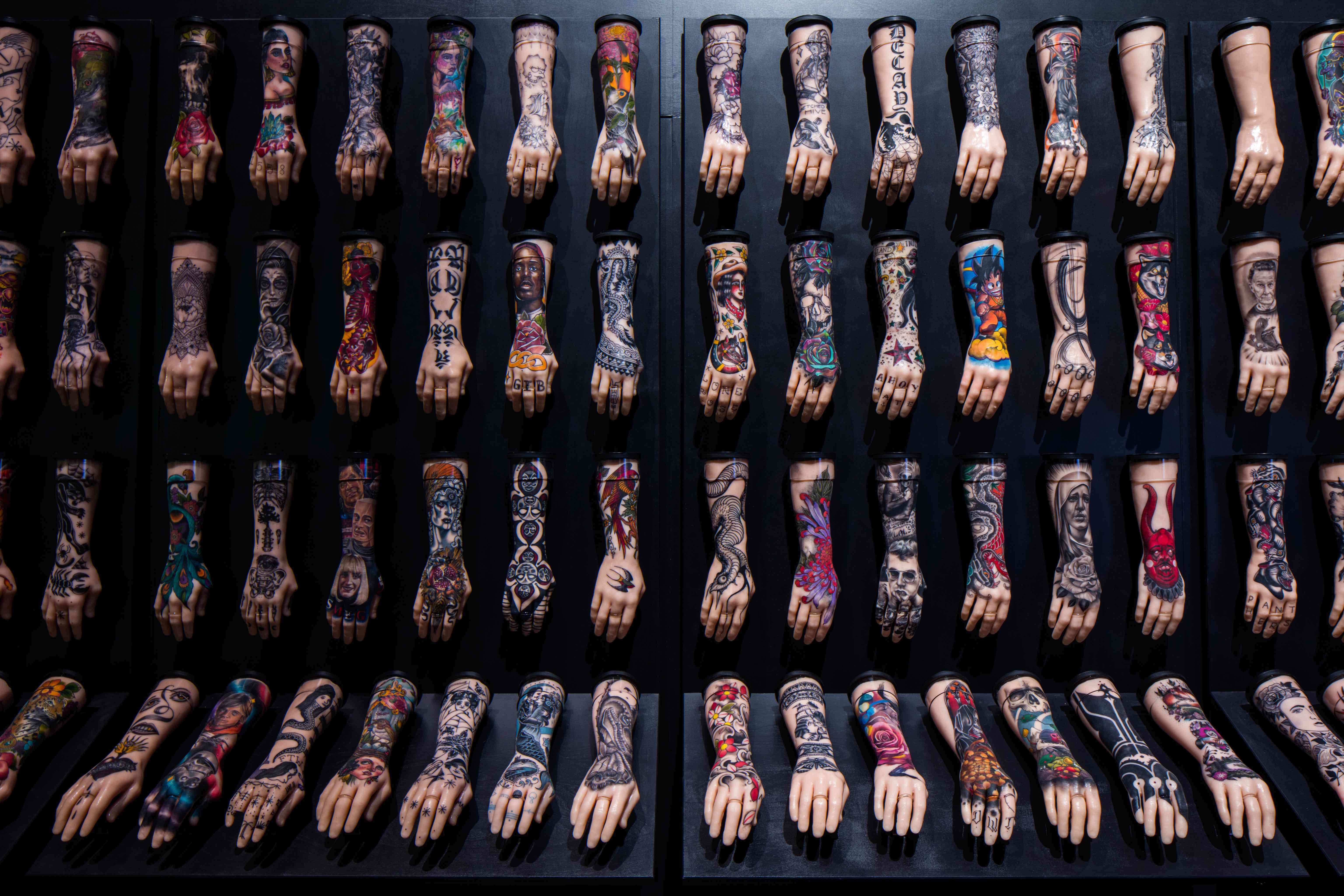 The 100 Hands installation part of British Tattoo Art Revealed at The National Maritime Museum Cornwall in Falmouth. Photo by Luke Hayes