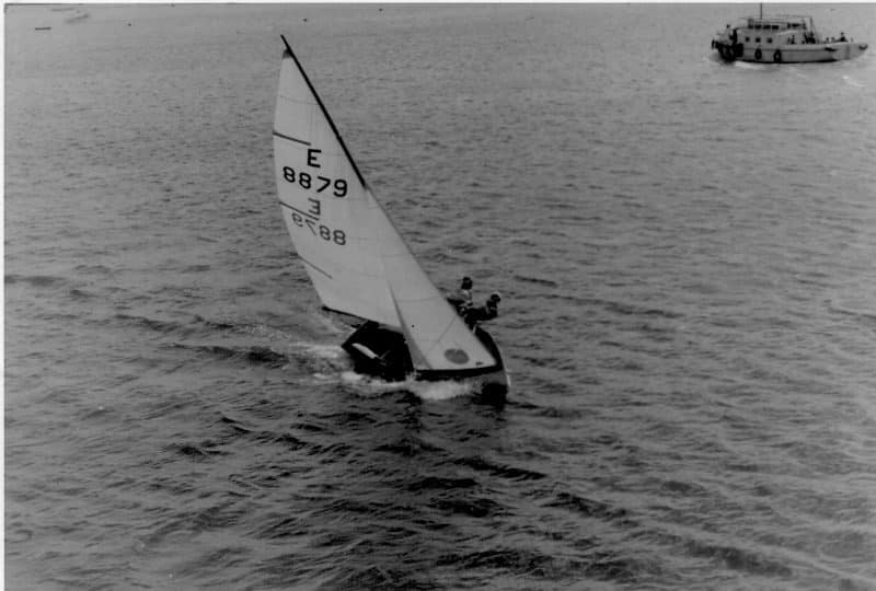 Black and white photo of two men sailing in the 'Speedwell'.