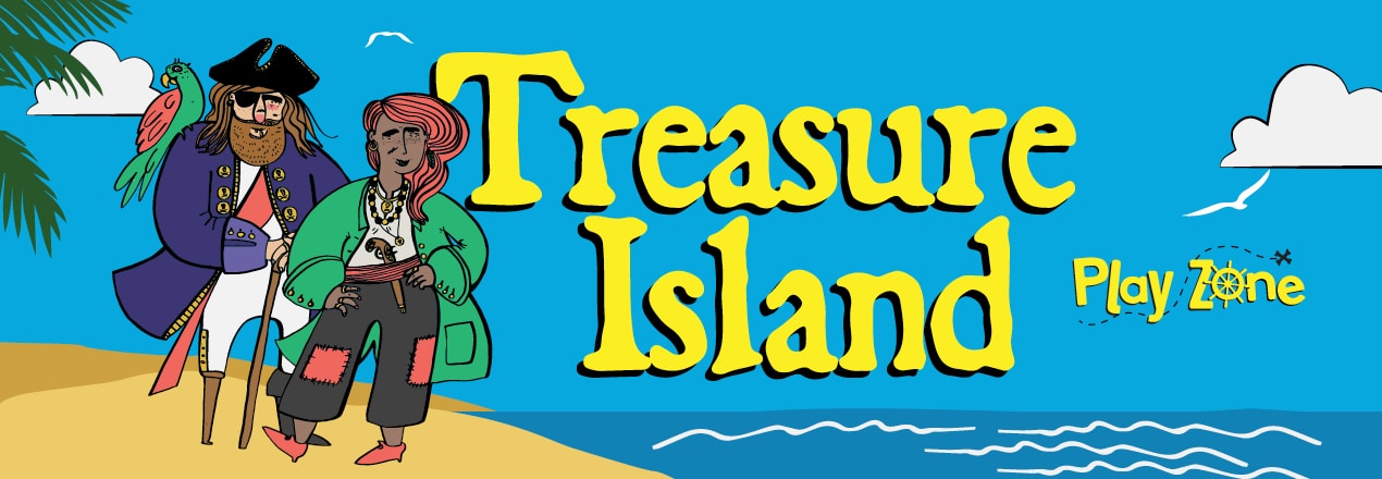 Yellow text against a blue sky reads 'Treasure Island Play Zone'. On the left, two digitally drawn pirates - one male and one female - stand on a desert island. The male pirate has a parrot on his shoulder.