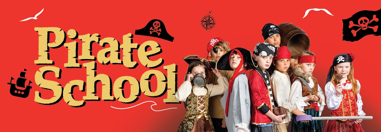 Yellow text against a red background reads 'Pirate School'. On the right are eight children dressed in pirate costumes.
