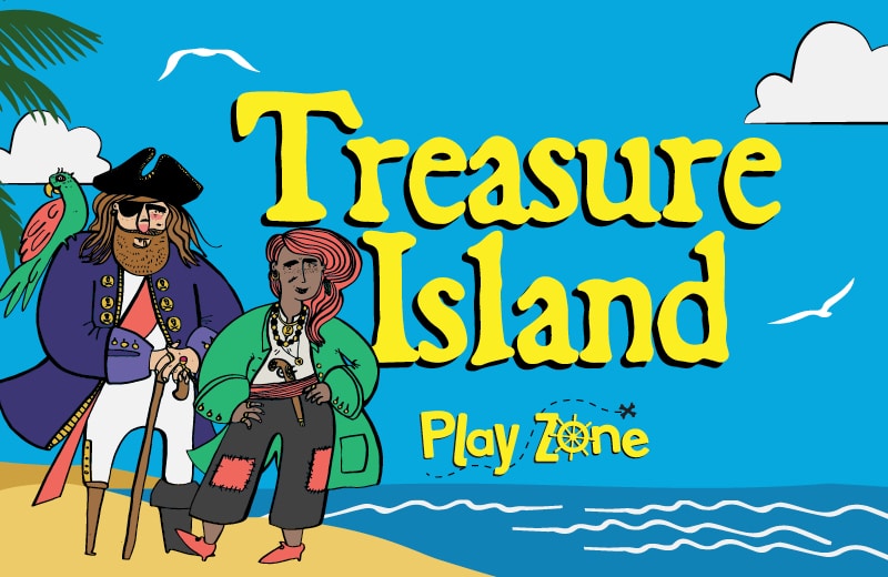 Yellow text against a blue sky reads 'Treasure Island Play Zone'. On the left, two digitally drawn pirates - one male and one female - stand on a desert island. The male pirate has a parrot on his shoulder.