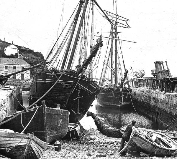 Black and white photo of the ketch 'Troubadour' on the slipway at Pentewan.