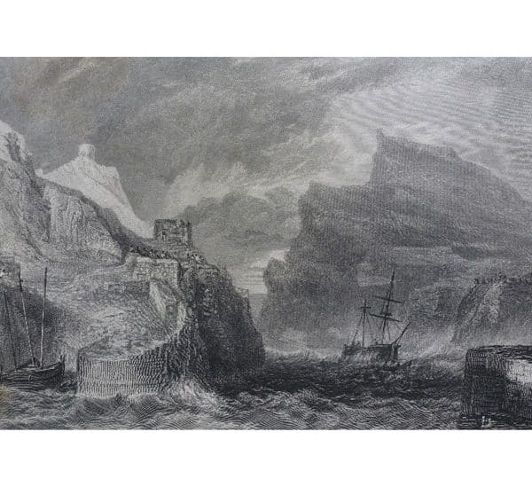 Black and white illustration of the entrance to Boscastle harbour.