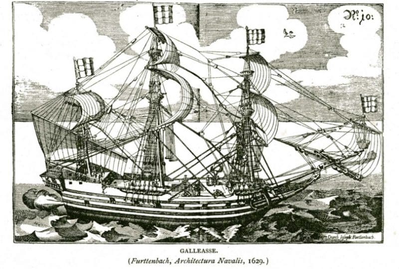 Black and white drawing of the 'Galleasse'.