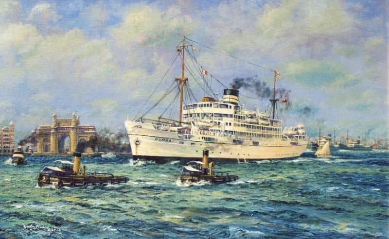 Painting of the 'Dumra' being escorted by three tugs.