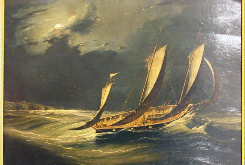 Oil painting of a packet ship sailing through stormy waters at night.