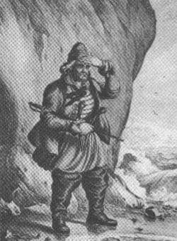 Black and white illustration of a smuggler holding a sword.