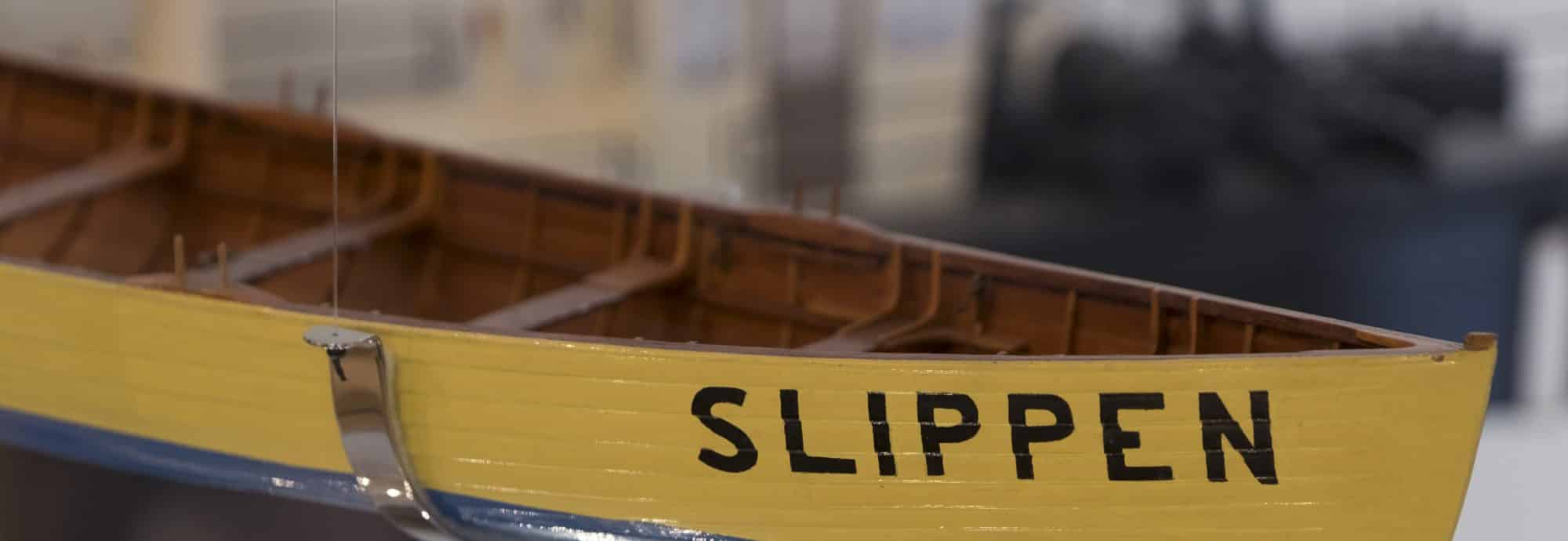 Close-up photo of a model of Cornish Pilot Gig Slippen.