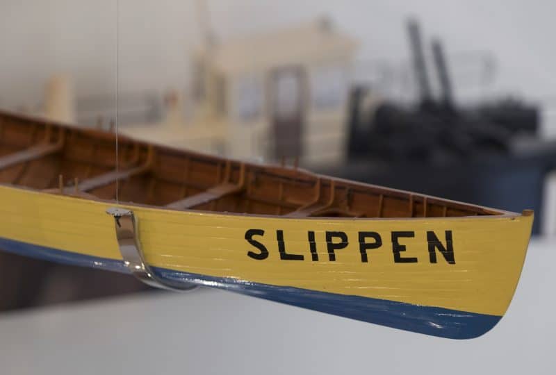 Close-up photo of a model of Cornish Pilot Gig Slippen.