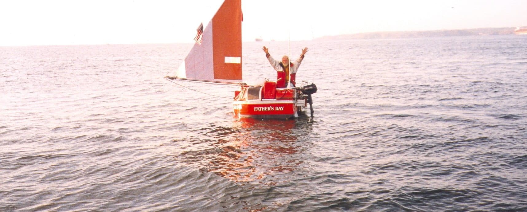 Photo of the 'Father's Day' craft, with Hugo Vihlen standing in it with his arms raised in celebration.