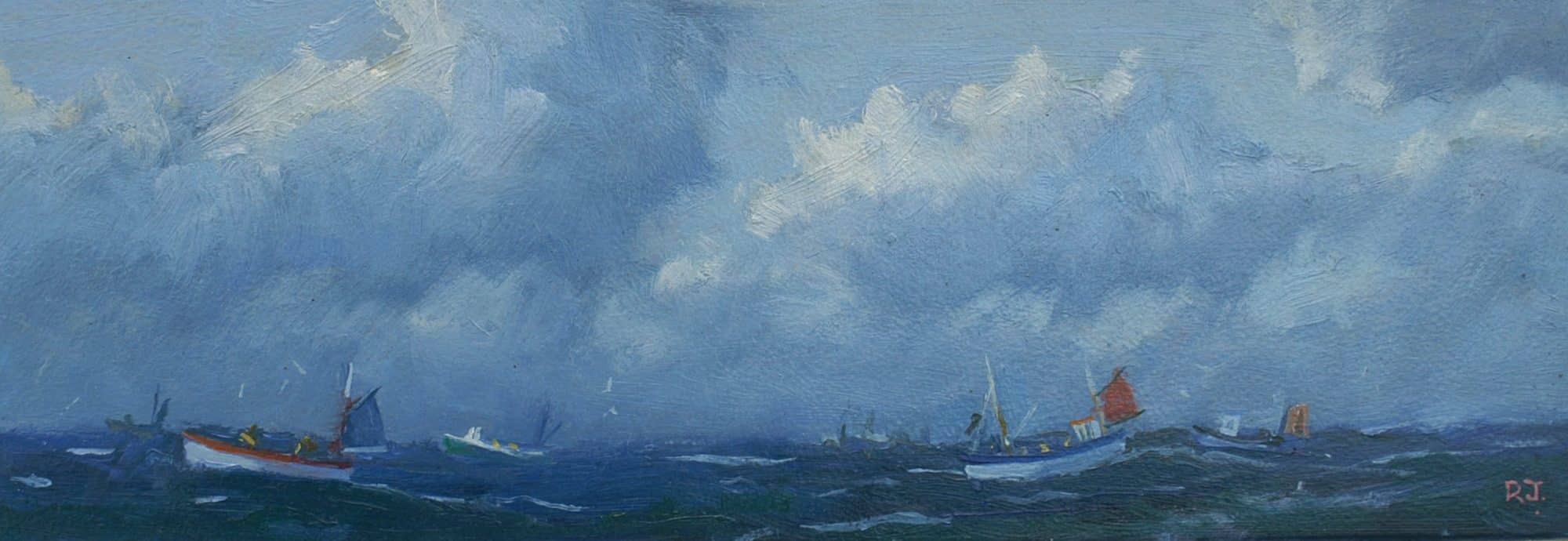 Painting of a handful of small fishing boats against a darkening sky.