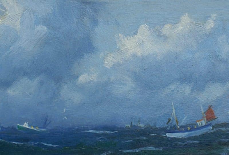 Painting of a handful of small fishing boats against a darkening sky.