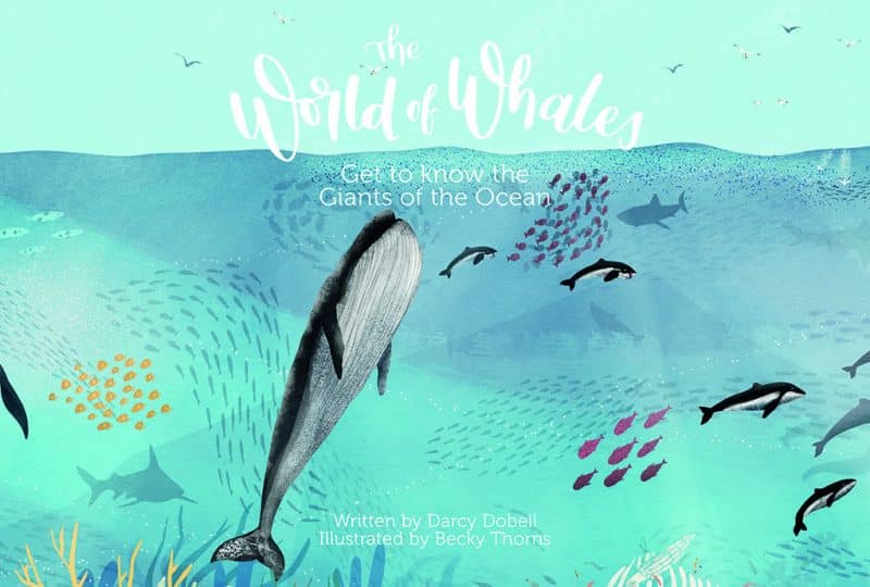 White text at the top reads 'The World of Whales: Get to Know the Giants of the Ocean'. Underneath is a painting of a group of whales, dolphins nd fish.