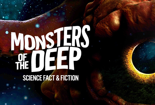 Promotional image with 'Monsters of the Deep: Science Fact & Fiction' written on the left in white font. On the right and in the background, a kraken swims past with its large eye looking towards the viewer.