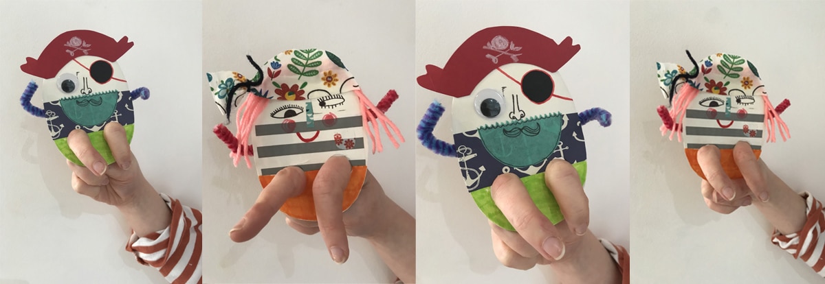 Series of four images of two pirate finger puppets made from card, pipe cleaners, fabric and googly eyes.
