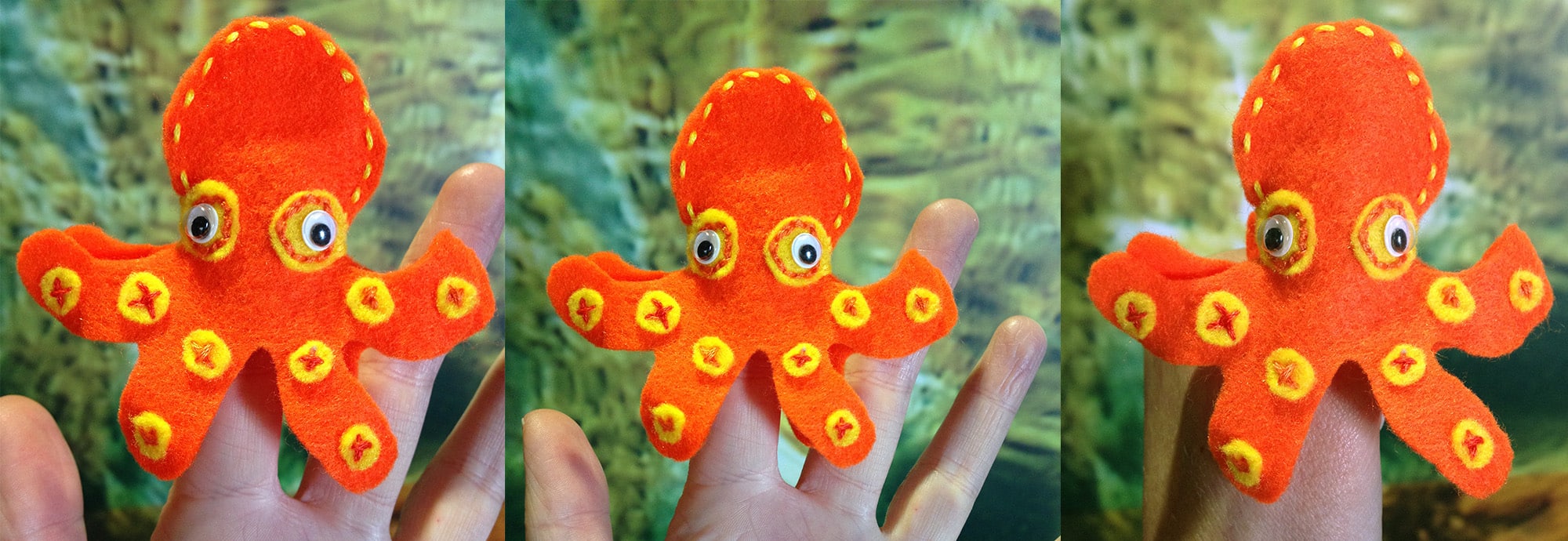 Series of three photos of an octopus finger puppet made from orange and yellow fabric.