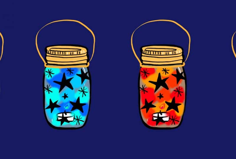 Digital drawing of four lanterns with candles in, decorated with stars. Two glow yellow, one glows red and one glows blue.