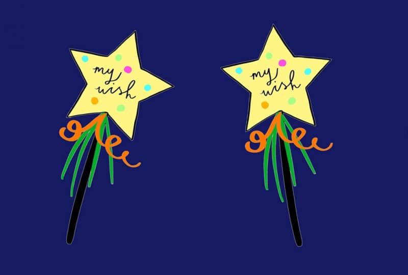Digital drawing of four 'wishing stars' on sticks. Each of the stars has 'my wish' written on it.