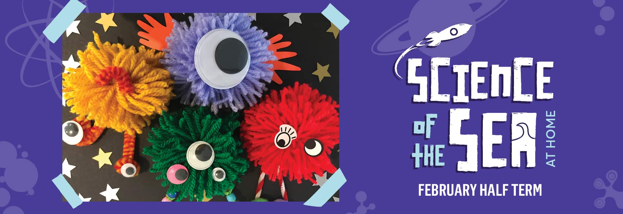 On the right, against a purple background, is text that reads 'Science of the Sea at Home' and 'February half term'. On the left is a picture of four 'pom pom aliens' made from pom poms and googly eyes.