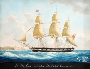 Painting of 'His Majesty’s Packet Walsingham' sailing into harbour.