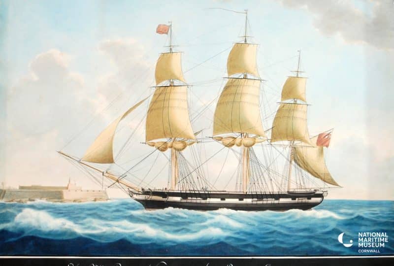 Painting of 'His Majesty’s Packet Walsingham' sailing into harbour.
