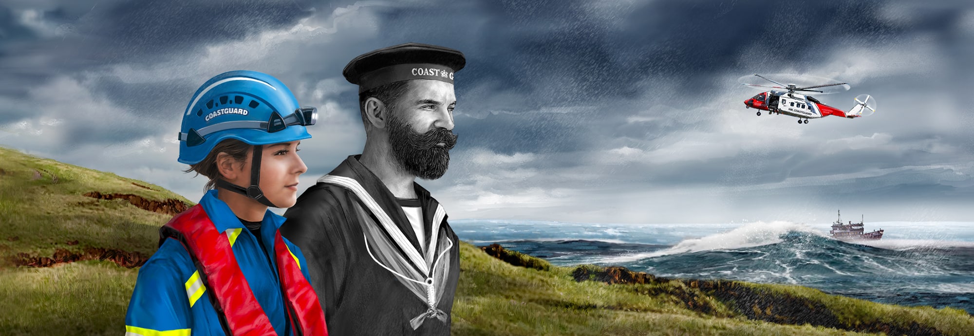 An illustration of two people against a hill and a stormy sky. The woman closest is drawn in colour wearing a present-day Coastguard uniform. The man next to her is drawn in black and white and wears an older Coastguard uniform. In the background, a helicopter assists a ship in distress.