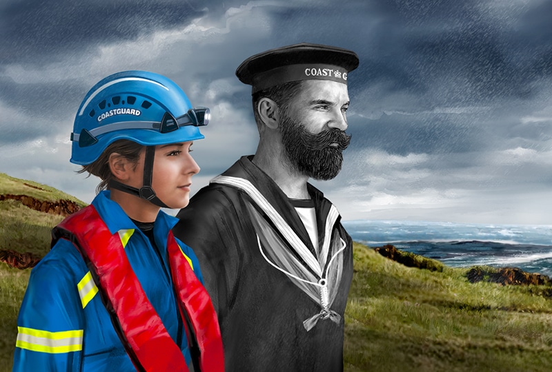 An illustration of two people against a hill and a stormy sky. The woman closest is drawn in colour wearing a present-day Coastguard uniform. The man next to her is drawn in black and white and wears an older Coastguard uniform.