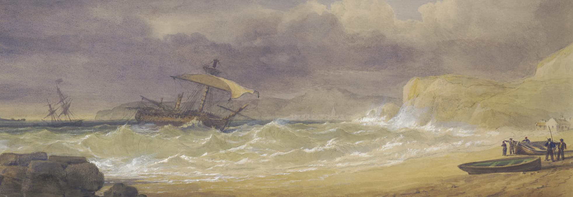 A painting depicting HMS Anson having run aground during a storm. On shore, five men ready a small boat.