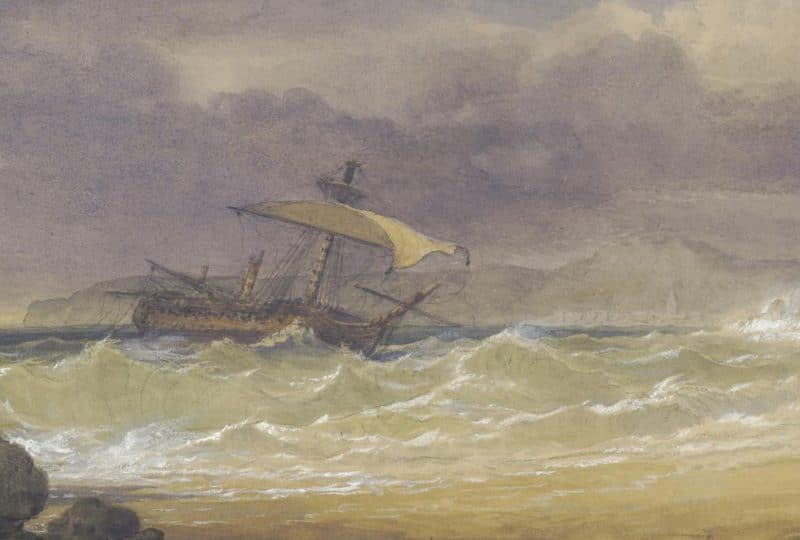 A painting depicting HMS Anson having run aground during a storm.