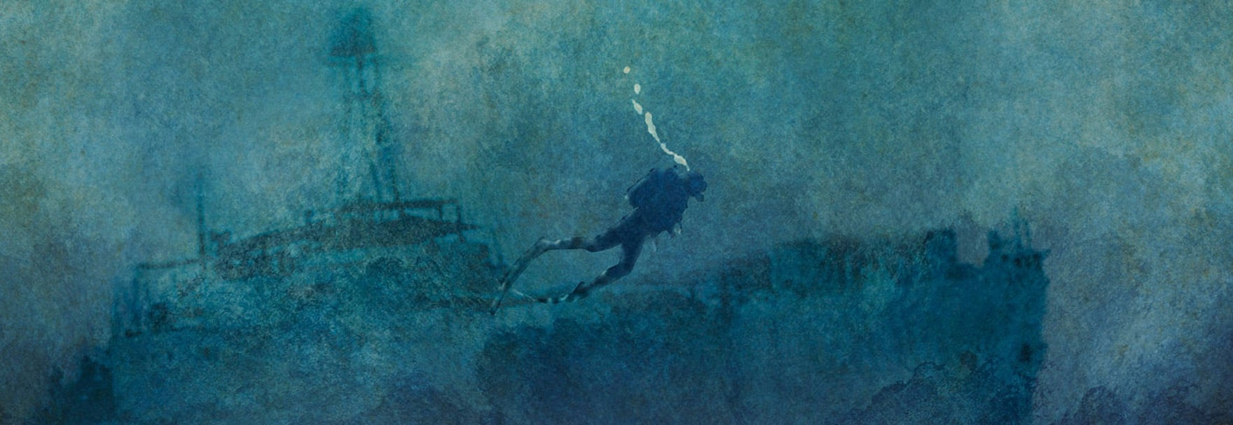 Painting of a diver underwater. The outline of a ship is just about visible behind him through the murky water.
