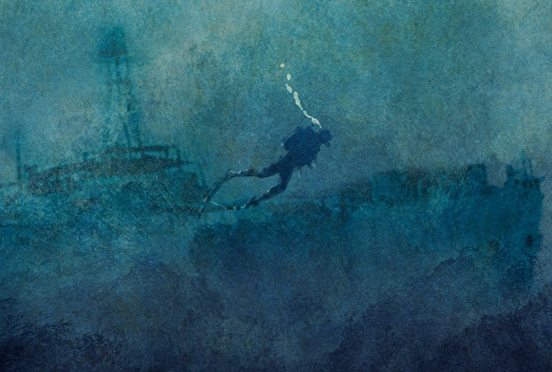 Painting of a diver underwater. The outline of a ship is just about visible behind him through the murky water.