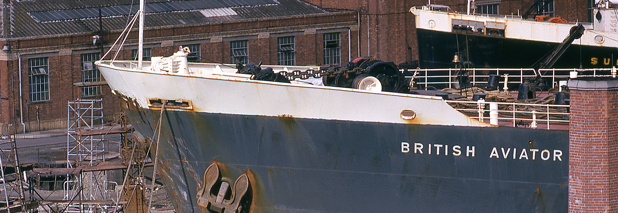 Bow of the ship 'British Aviator' as it sits in Falmouth Docks awaiting repairs.