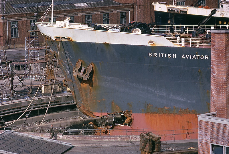 Damage to the bow of the ship 'British Aviator'.