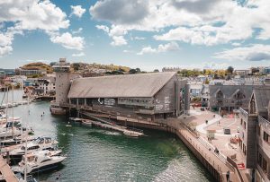 Aerial photograph of the Museum, with Discovery Quay to the right and the harbour to the left.
