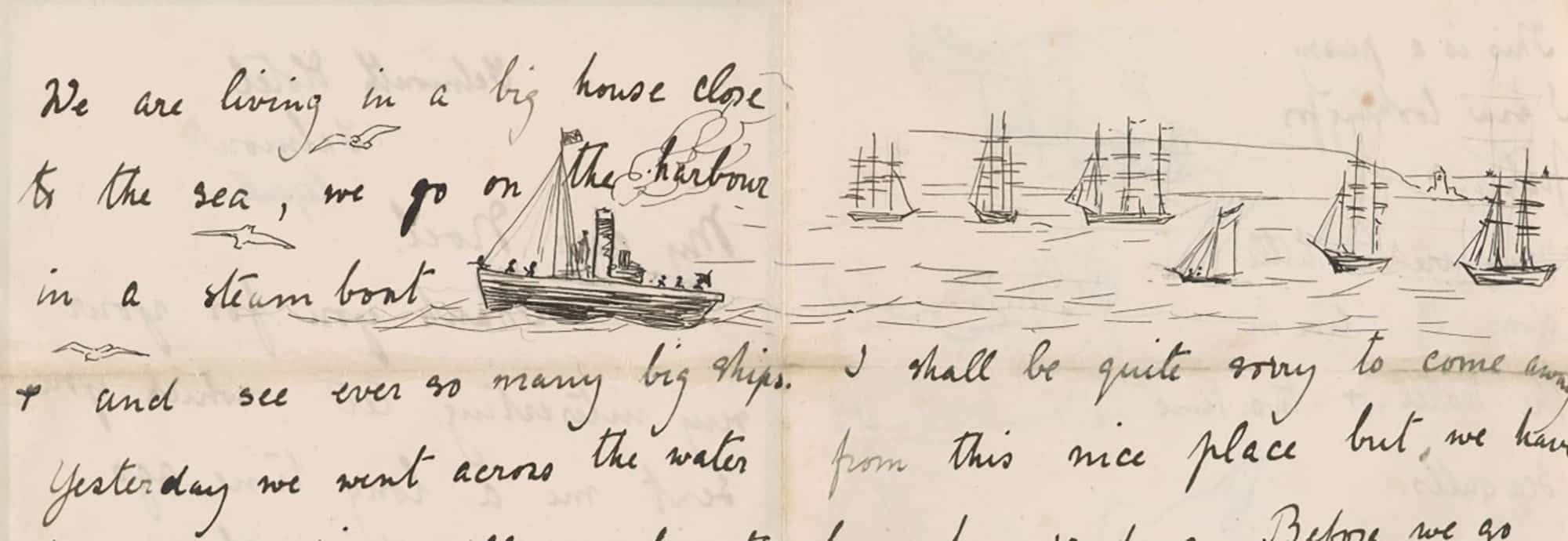 A letter written with black ink on off-white paper. Small drawings of ships are featured on the right-hand side.