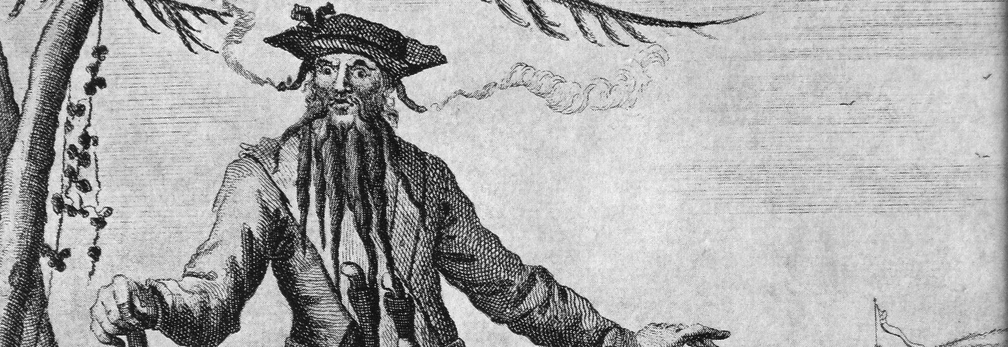 Black and white illustration of the pirate Blackbeard.